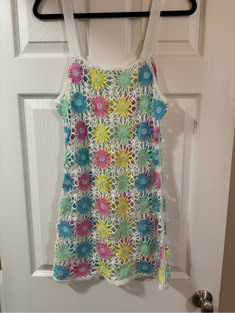 White Crochet Floral Sundress for Kids with Multicolor Flowers